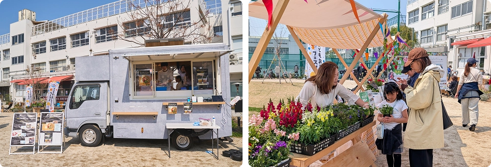 屋外に並ぶキッチンカーと屋外テラスの様子